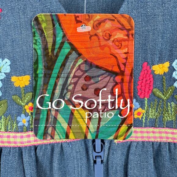 Go Softly Denim Embroidered Bird House Patio Dress Plus Sz 1X Floral Full Zip - Picture 9 of 10